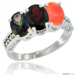 10K White Gold Natural Mystic Topaz, Garnet & Coral Ring 3-Stone Oval 7x5 mm Diamond Accent