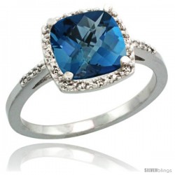 14k White Gold Diamond London Blue Topaz Ring 2.08 ct Cushion cut 8 mm Stone 1/2 in wide