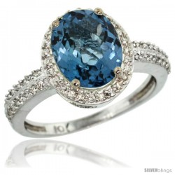 14k White Gold Diamond London Blue Topaz Ring Oval Stone 10x8 mm 2.4 ct 1/2 in wide