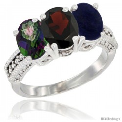 10K White Gold Natural Mystic Topaz, Garnet & Lapis Ring 3-Stone Oval 7x5 mm Diamond Accent