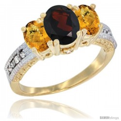 10K Yellow Gold Ladies Oval Natural Garnet 3-Stone Ring with Whisky Quartz Sides Diamond Accent