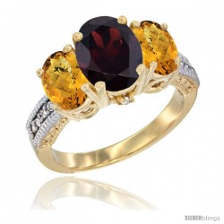 10K Yellow Gold Ladies 3-Stone Oval Natural Garnet Ring with Whisky Quartz Sides Diamond Accent