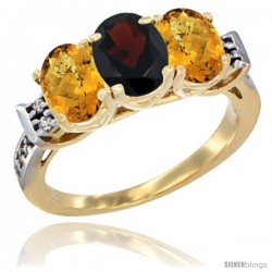 10K Yellow Gold Natural Garnet & Whisky Quartz Sides Ring 3-Stone Oval 7x5 mm Diamond Accent