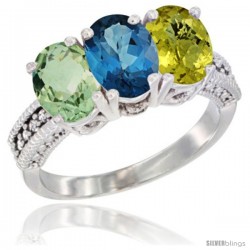 14K White Gold Natural Green Amethyst, London Blue Topaz & Lemon Quartz Ring 3-Stone 7x5 mm Oval Diamond Accent