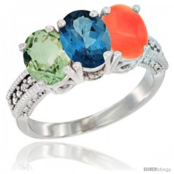 14K White Gold Natural Green Amethyst, London Blue Topaz & Coral Ring 3-Stone 7x5 mm Oval Diamond Accent