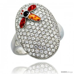 Sterling Silver Polka Dot Dragonfly on Oval Ring w/ Brilliant Cut CZ Stones, 7/8 in. (22 mm) wide