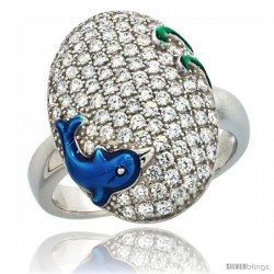 Sterling Silver Blue Dolphin on Oval Ring w/ Brilliant Cut CZ Stones, 13/16 in. (20 mm) wide