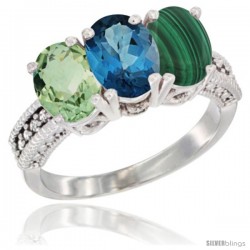 14K White Gold Natural Green Amethyst, London Blue Topaz & Malachite Ring 3-Stone 7x5 mm Oval Diamond Accent