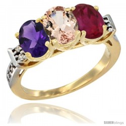 10K Yellow Gold Natural Amethyst, Morganite & Ruby Ring 3-Stone Oval 7x5 mm Diamond Accent