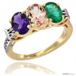 10K Yellow Gold Natural Amethyst, Morganite & Emerald Ring 3-Stone Oval 7x5 mm Diamond Accent