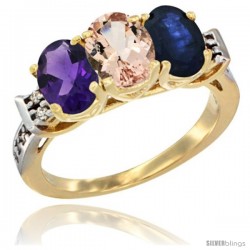 10K Yellow Gold Natural Amethyst, Morganite & Blue Sapphire Ring 3-Stone Oval 7x5 mm Diamond Accent