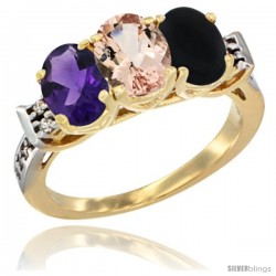 10K Yellow Gold Natural Amethyst, Morganite & Black Onyx Ring 3-Stone Oval 7x5 mm Diamond Accent