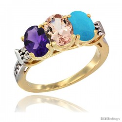 10K Yellow Gold Natural Amethyst, Morganite & Turquoise Ring 3-Stone Oval 7x5 mm Diamond Accent