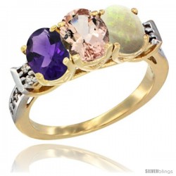 10K Yellow Gold Natural Amethyst, Morganite & Opal Ring 3-Stone Oval 7x5 mm Diamond Accent