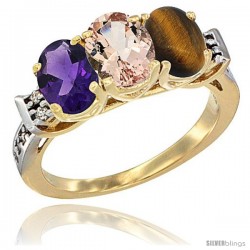 10K Yellow Gold Natural Amethyst, Morganite & Tiger Eye Ring 3-Stone Oval 7x5 mm Diamond Accent