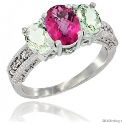 14k White Gold Ladies Oval Natural Pink Topaz 3-Stone Ring with Green Amethyst Sides Diamond Accent