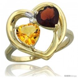 14k Yellow Gold 2-Stone Heart Ring 6mm Natural Citrine & Garnet Diamond Accent