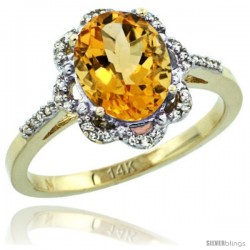 14k Yellow Gold Diamond Halo Citrine Ring 1.65 Carat Oval Shape 9X7 mm, 7/16 in (11mm) wide