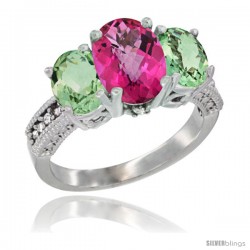 14K White Gold Ladies 3-Stone Oval Natural Pink Topaz Ring with Green Amethyst Sides Diamond Accent