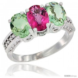 14K White Gold Natural Pink Topaz & Green Amethyst Ring 3-Stone 7x5 mm Oval Diamond Accent