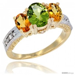 14k Yellow Gold Ladies Oval Natural Peridot 3-Stone Ring with Citrine Sides Diamond Accent