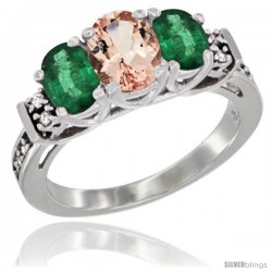 14K White Gold Natural Morganite & Emerald Ring 3-Stone Oval with Diamond Accent