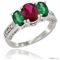 14k White Gold Ladies Oval Natural Ruby 3-Stone Ring with Emerald Sides Diamond Accent