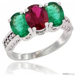 14K White Gold Natural Ruby & Emerald Sides Ring 3-Stone 7x5 mm Oval Diamond Accent