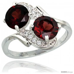 14k White Gold ( 7 mm ) Double Stone Engagement Garnet Ring w/ 0.05 Carat Brilliant Cut Diamonds & 2.34 Carats Round Stones