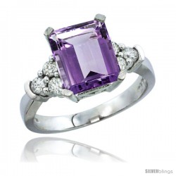 10K White Gold Natural Amethyst Ring Emerald-shape 9x7 Stone Diamond Accent