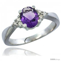 10K White Gold Natural Amethyst Ring Oval 7x5 Stone Diamond Accent -Style Cw901168