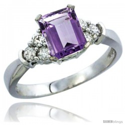 10K White Gold Natural Amethyst Ring Emerald-shape 7x5 Stone Diamond Accent