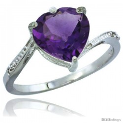 10K White Gold Natural Amethyst Ring Heart-shape 9x9 Stone Diamond Accent