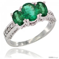 14k White Gold Ladies Oval Natural Emerald 3-Stone Ring Diamond Accent