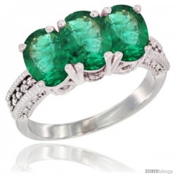 14K White Gold Natural Emerald Ring 3-Stone 7x5 mm Oval Diamond Accent