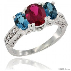 14k White Gold Ladies Oval Natural Ruby 3-Stone Ring with London Blue Topaz Sides Diamond Accent