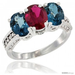 14K White Gold Natural Ruby & London Blue Topaz Sides Ring 3-Stone 7x5 mm Oval Diamond Accent