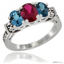 14K White Gold Natural High Quality Ruby & London Blue Ring 3-Stone Oval with Diamond Accent