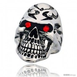 Surgical Steel Biker Skull Ring Tribal Tattoos Red CZ Eyes 1 3/8 in long