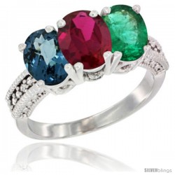 14K White Gold Natural London Blue Topaz, Ruby & Emerald Ring 3-Stone 7x5 mm Oval Diamond Accent