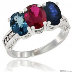 14K White Gold Natural London Blue Topaz, Ruby & Blue Sapphire Ring 3-Stone 7x5 mm Oval Diamond Accent