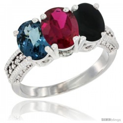 14K White Gold Natural London Blue Topaz, Ruby & Black Onyx Ring 3-Stone 7x5 mm Oval Diamond Accent