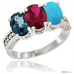 14K White Gold Natural London Blue Topaz, Ruby & Turquoise Ring 3-Stone 7x5 mm Oval Diamond Accent