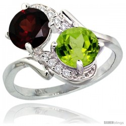 14k White Gold ( 7 mm ) Double Stone Engagement Garnet & Peridot Ring w/ 0.05 Carat Brilliant Cut Diamonds & 2.34 Carats Round