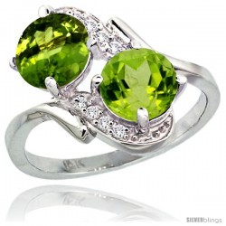 14k White Gold ( 7 mm ) Double Stone Engagement Peridot Ring w/ 0.05 Carat Brilliant Cut Diamonds & 2.34 Carats Round Stones