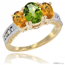 10K Yellow Gold Ladies Oval Natural Peridot 3-Stone Ring with Whisky Quartz Sides Diamond Accent