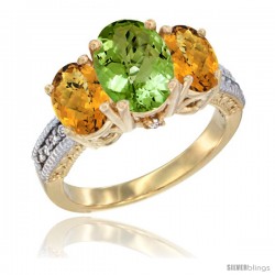 10K Yellow Gold Ladies 3-Stone Oval Natural Peridot Ring with Whisky Quartz Sides Diamond Accent