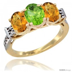 10K Yellow Gold Natural Peridot & Whisky Quartz Sides Ring 3-Stone Oval 7x5 mm Diamond Accent