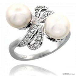 14k White Gold Ribbon Pearl Ring w/ 0.09 Carat Brilliant Cut ( H-I Color VS2-SI1 Clarity ) Diamonds & 8mm White Pearls, 11/32