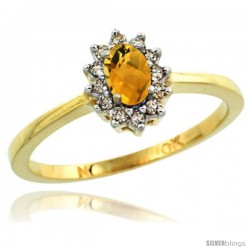 10k Yellow Gold Diamond Halo Whiskey Quartz Ring 0.25 ct Oval Stone 5x3 mm, 5/16 in wide